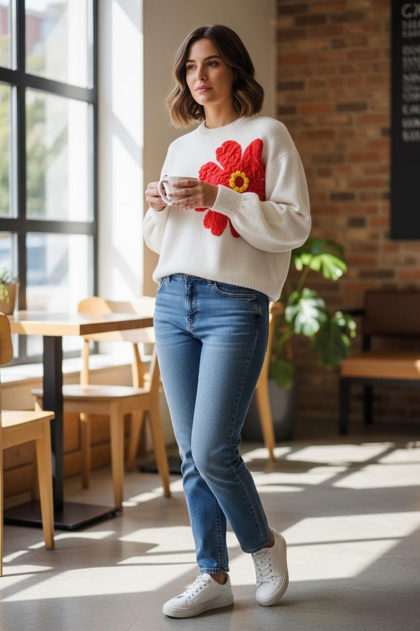 Camisola de Malha Padrão Flor - 3 Cores Disponíveis